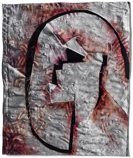 Klea McKenna, <em>Cave painting</em>, 2021. Photographic relief: unique gelatin silver photogram, embossed impression of a vintage painting, fabric dye, 42x36 inches. Courtesy EUQINOM Gallery.