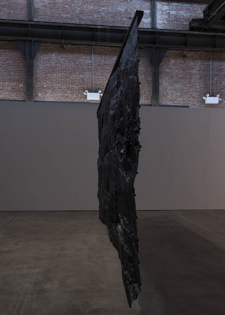 Lydia Ourahmane and Yuma Burgess, Untitled, 2022. Photogrammetry, generative adversarial network, polylactide thermoplastic, anodized steel. 222 inches x 106 inches. Courtesy the artists. Photo: Charles Benton.