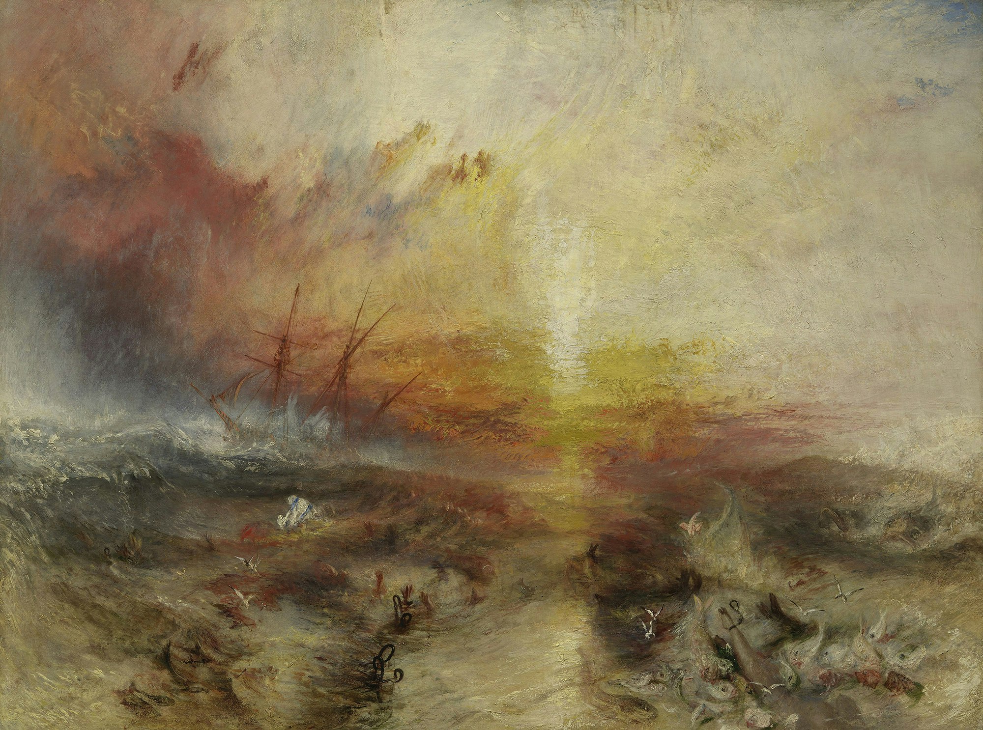 Joseph Mallord William Turner, <em>Slave Ship (Slavers Throwing Overboard the Dead and Dying, Typhoon Coming On)</em>, 1840. Oil on canvas, 35 3/4 x 48 1/4 inches. Museum of Fine Arts, Boston. Photo © Museum of Fine Arts, Boston.