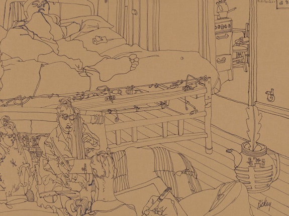Rick Barton (1928-1992), <em>Untitled</em> [Bed with reclining figure and musicians], 1962. Pen and ink, 9 1/4 x 12 1/2 inches. Rick Barton papers (Collection 2374), UCLA Library Special Collections, Charles E. Young Research Library, University of California, Los Angeles.