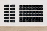 Jessica Vaughn, <em>After Willis (rubbed, used, and moved) #012</em>, 2022. 36 individual pairs of used machine fabricated public transit train seats (Chicago Transit Authority 1998-2011), 98 x 225 x 1/4 inches. Courtesy the artist.