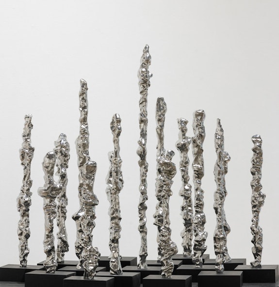 Lynda Benglis,<em> Stainless Wax</em>, 2007. Unique cast polyurethane lead, stainless steel in fifteen elements, dimensions variable. Courtesy the artist and Locks Gallery.