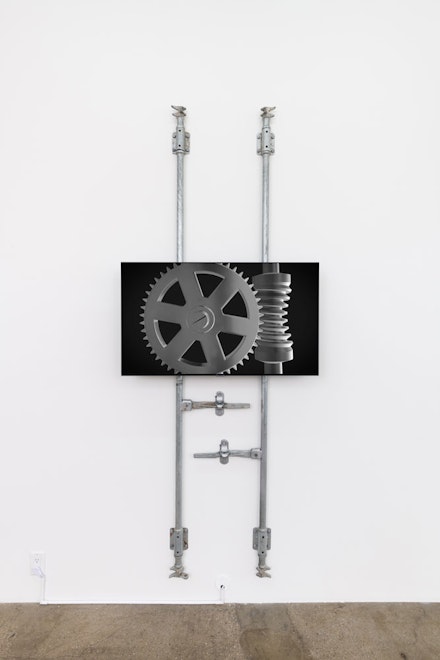 Colleen Hargaden, <em>Terminal Island</em>, 2022. 3D animation, monitor mounted on a pair shipping container door rods, 96 x 40 inches.