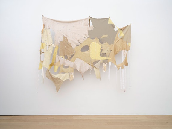 Esteban Ramón Peréz, <em>Star Spangled</em>, 2019. Leather, remnants of an American flag, boxing glove cotton interior, silk, acrylic, wood, brass, 120 x 144 x 28 inches. Courtesy the artist and Lehmann Maupin, New York, Hong Kong, Seoul, and London.
