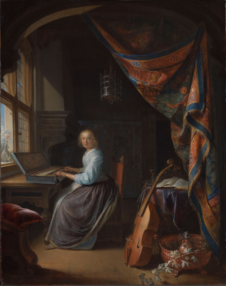 Gerrit Dou, <em>A Woman Playing a Clavichord</em>, c.1665, oil on oak panel, 14.8 x 11.8 inches. Courtesy Dulwich Picture Gallery, London.