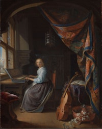 Gerrit Dou, <em>A Woman Playing a Clavichord</em>, c.1665, oil on oak panel, 14.8 x 11.8 inches. Courtesy Dulwich Picture Gallery, London.
