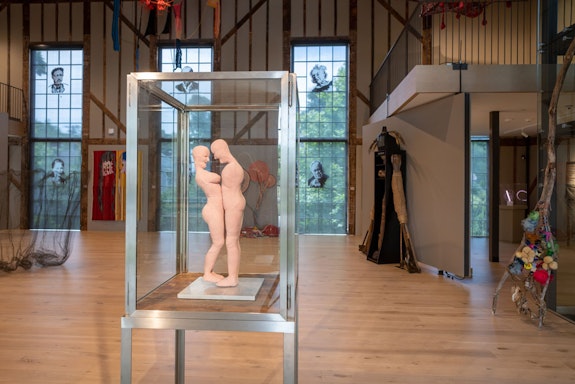 Installation view of <em>Threading the Needle</em> at The Church, Sag Harbor, 2022, including Louise Bourgeois, <em>Couple</em>, 2004 (Fabric, Stainless steel, glass and wood, 74 x 24 x 24 inches. Collection of Glenn and Amanda Fuhrman, NY, Courtesy the FLAG Art Foundation). Photo: Gary Mamay.
