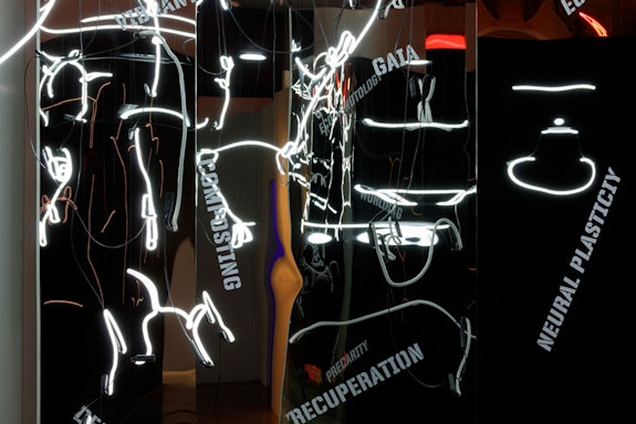 Installation view, <em>Warren Neidich: The Brain Without Organs: The Aporia of Car</em>e, at Museum of Neon Art, California, 2022. Courtesy the Museum of Neon Art.