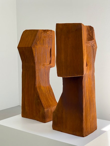 Arlene Shechet, <em>Iron Twins (For 'T' Space)</em>, 2022. Cast iron. 49 x 29.5 x 38 inches. Courtesy 'T' Space. Photo: Susan Wides.