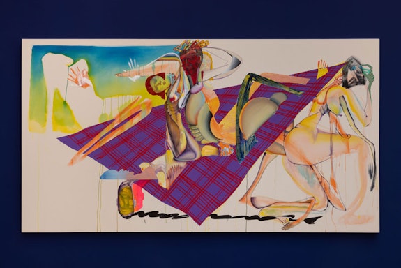 Christina Quarles, <em>Had a Gud Time Now (Who Could Say)</em>, 2021. Acrylic on canvas, 70 x 130 x 2 in. Photo: Andrea Rossetti. © Christina Quarles. Courtesy the artist, Hauser & Wirth, and Pilar Corrias, London.