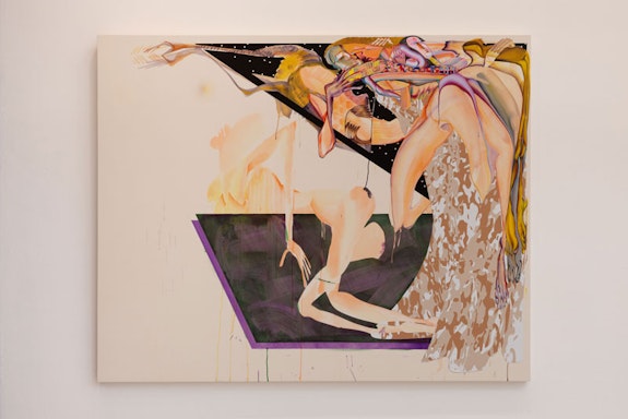 Christina Quarles, <em>Hangin' There, Baby</em>, 2021. Acrylic on canvas, 77 x 96 x 2 in. Photo: Andrea Rossetti. © Christina Quarles. Courtesy the artist, Hauser & Wirth, and Pilar Corrias, London.