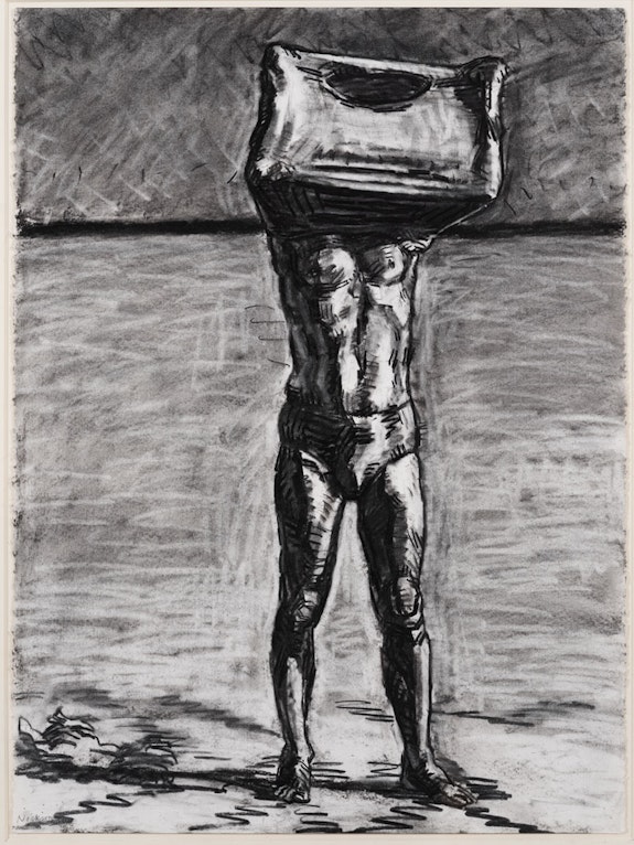 Graham Nickson, <em>Sphinx Bather: Shirt Over Head</em>, 1983-1984. Charcoal on paper, 30 1/16 x 22 3/8 in. Courtesy the artist and Betty Cuningham Gallery. 