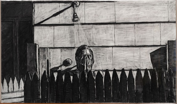 Graham Nickson, <em>Shower</em>, 1984-1985. Charcoal on paper, 31 x 53 in. Courtesy the artist and Betty Cuningham Gallery.