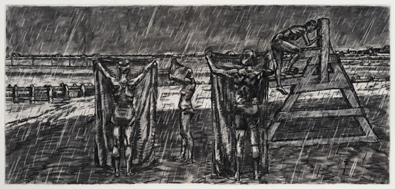 Graham Nickson, <em>Rainbathers: Climb</em>, 1986-1996 Charcoal on paper, 31 x 67 in. Courtesy the artist and Betty Cuningham Gallery. 