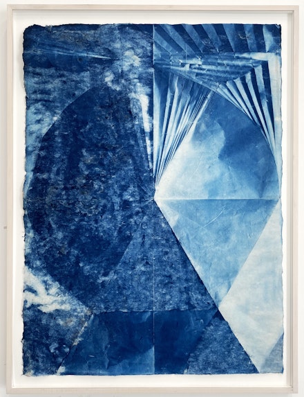 Yasi Alipour, <em>The Simultaneity of Two</em>, 2021. Fold, Cyanotype on handmade watercolor paper. 29 x 54 inches. Courtesy Transmitter Gallery