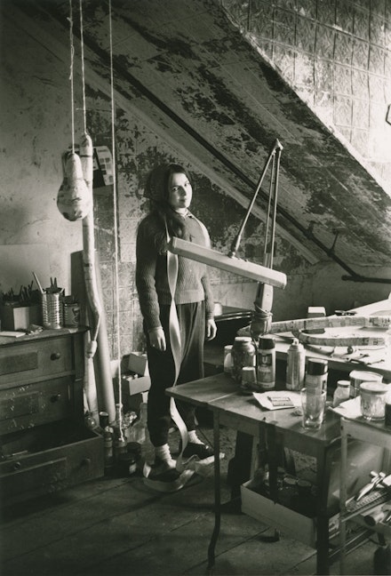 Eva Hesse in her Bowery studio, New York, ca. 1966. © The Estate of Eva Hesse. Courtesy Hauser & Wirth. Photo: SRGF.