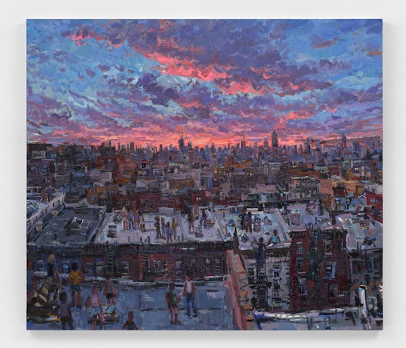 Todd Bienvenu, <em>View of NYC from my Bushwick rooftop</em>, 2022. Oil on canvas, 84 x 96 x 1 3/4 inches. Courtesy the artist and Almine Rech.