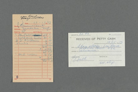 Petty Cash Receipts for Lou Reed's stage clothes from The Pleasure Chest, NYC, December 15, 1973. Lou Reed Papers, Music & Recorded Sound Division, The New York Public Library for the Performing Arts. 