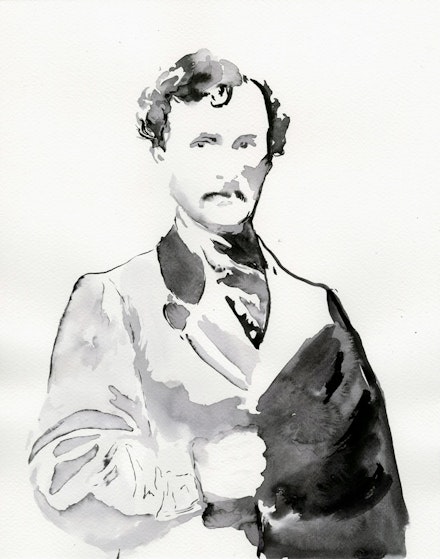 Kambui Olujimi, <em>Redshift</em>, 2022. Ink on paper, (3 of 14 portraits of presidential assassins) 11 x 14 inches. <em>1865 John Wilkes Booth--Abraham Lincoln</em>. Courtesy the Artist.