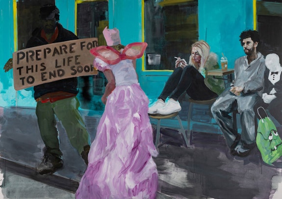 Eric Fischl, <em>Sign of the Times</em>, 2022. Acrylic on linen, 68 x 96 inches. © Eric Fischl / Artist Rights Society (ARS), New York. Courtesy the artist and Skarstedt, New York.