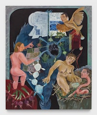 Astrid Terrazas, <em>How to Make it on the LAND!</em>, 2022. Oil on canvas, 74 x 54 inches. Courtesy Astrid Terrazes and P•P•O•W, New York.