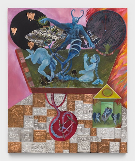Astrid Terrazas, <em>Miquipapalotl–the black witch moth and holding grief</em>, 2022. Oil on canvas, sand, embossed copper, embossed aluminum, 72 x 60 inches. Courtesy Astrid Terrazes and P•P•O•W, New York.