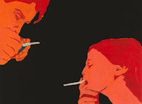 Rosalyn Drexler, <em>Cigarette Smoking May Be Hazardous to Your Health</em>, 1967. Acrylic and paper collage on canvas, 9 x 12 inches. Courtesy the Artist and Garth Greenan Gallery