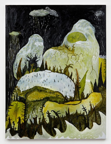 Mark Laver, <em>Down by Okkervil River (all silent, slow and black)</em>, 2021. Oil on wood panel, 40 x 30 inches. Courtesy the artist and Ricco/Maresca. 