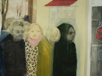 Aubrey Levinthal, <em>Bagel Line</em>, 2022. Oil on panel, 30 x 40 inches. Courtesy Monya Rowe Gallery, New York.