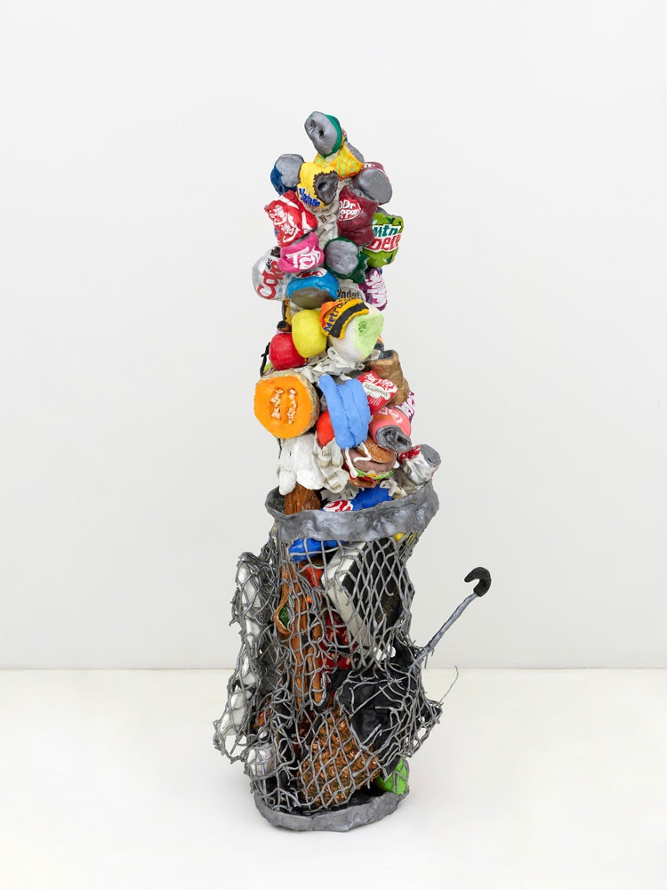 Will Ryman, <em>Utopia</em>, 2022. Steel, resin, aluminum wire, paint, newspaper clippings, 59 1/2 x 21 x 22 1/2 inches. Courtesy the artist and Chart Gallery.