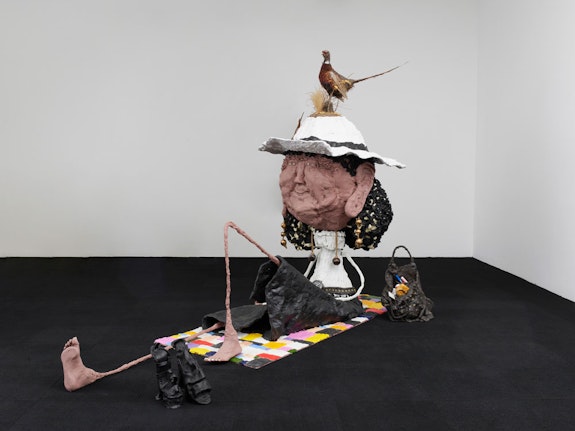 Will Ryman, <em>Soothsayer</em>, 2022. Resin, taxidermy pheasant, feathers, fiberglass, Nidacore, wire mesh, steel, paint, alarm clock, brass, rope, polyurethane foam 77 x 49 x 113 1/2 inches. Courtesy the artist and Chart Gallery.