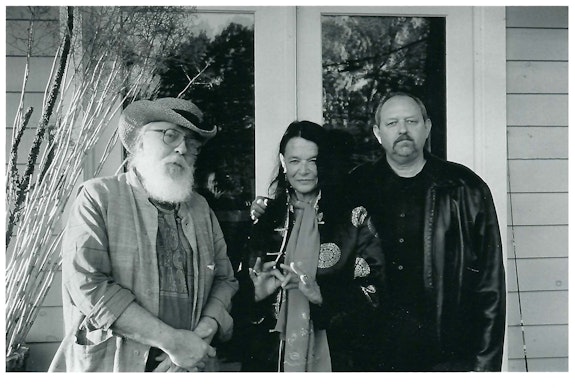 Peter Lamborn Wilson, Anne Waldman, and David Levi Strauss outside the latter's library in High Falls, May 2008. Photo: Sterrett Smith.