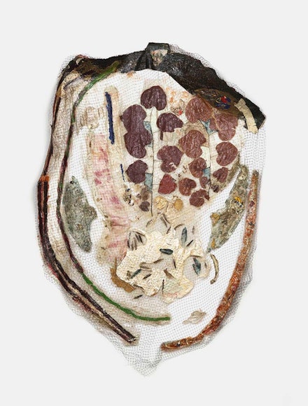 Suzanne Jackson, <em>Woodpecker's Last Blues</em>, 2013. Acrylic on acrylic, deer netting, woodpecker feathers, redbud leaves and tar paper, 76 x 60 x 3 inches. Courtesy the artist and Ortuzar Projects, New York. Photo: David Kaminsky.