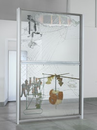 Marcel Duchamp, <em>The Bride Stripped Bare by Her Bachelors, Even (The Large Glass)</em>, 1915-1923. Oil, varnish, lead foil, lead wire, and dust on two glass panels. 9 feet 1 1/4 inches by 70 inches by 3 3/8 inches. Philadelphia Museum of Art: Bequest of Katherine S. Dreier, 1952, 1952-98-1 © Artists Rights Society (ARS), New York / ADAGP, Paris / Association Marcel Duchamp.