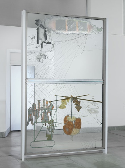 Marcel Duchamp, <em>The Bride Stripped Bare by Her Bachelors, Even (The Large Glass)</em>, 1915-1923. Oil, varnish, lead foil, lead wire, and dust on two glass panels. 9 feet 1 1/4 inches by 70 inches by 3 3/8 inches. Philadelphia Museum of Art: Bequest of Katherine S. Dreier, 1952, 1952-98-1 © Artists Rights Society (ARS), New York / ADAGP, Paris / Association Marcel Duchamp.