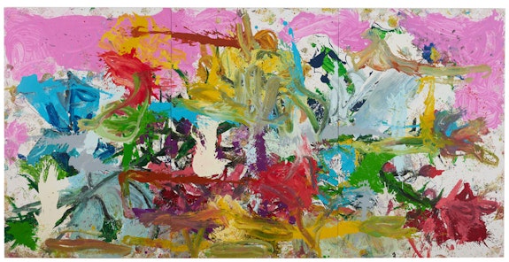 Jorge Galindo,<em> Esencia de Verbena</em>, 2022. Oil and glued wallpaper on canvas, triptych, overall: 118 x 236 1/4 inches. © Jorge Galindo; Photo by Argenis Apolinario; Courtesy the artist and Vito Schnabel Gallery.
