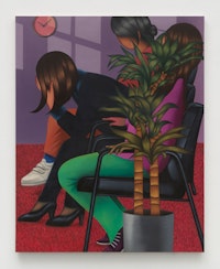 Julie Curtiss, <em>Waiting room</em>, 2022. Oil and vinyl paint on canvas, 60 x 48 inches. © Julie Curtiss, image courtesy the artist and Anton Kern Gallery, New York. Photo: Charles Benton.
