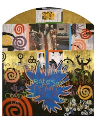 Juan Sánchez,<em> Confused Paradi(c)e</em>, 1995. Signed and dated '95. Oil and mixed media collage on wood panel, 78 x 66 inches.