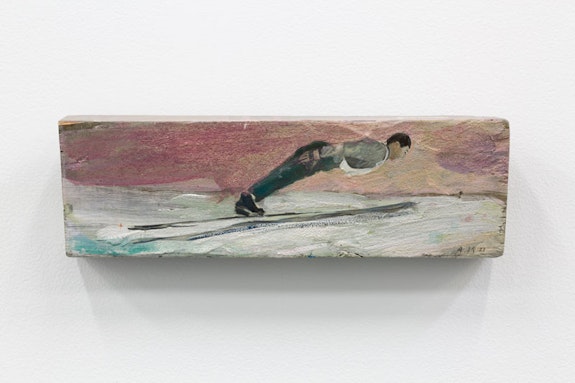 Alexandra Kadzevich, <em>The Fragility of Distance (Hrupkost Distanczij)</em>, 2021 acrylic, mixed media, collage on wood 4 x12 3/8 x 1 7/8 in. Courtesy Miguel Abreu Gallery.