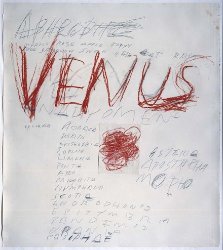 Cy Twombly, <em>Venus</em>, 1975. Oil stick, oil paint, graphite, and paper collage on paper, 59 1/16 × 52 9/16 inches. Collection Cy Twombly Foundation © Cy Twombly Foundation. Photo: Mimmo Capone.