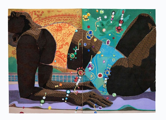 Preetika Rajgariah, <em>May All Beings Be Happy</em>, 2022. Market Sari, acrylic and latex paint on yoga mats, 48 1/2 x 44 inches. Courtesy the artist and Bill Arning Exhibitions.