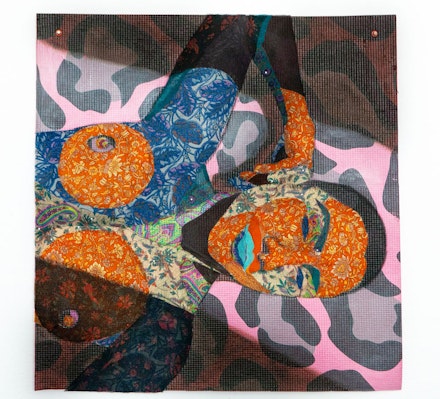 Preetika Rajgariah, <em>“bring me the sunset in a cup,”</em> 2022. Mother's saris, acrylic and latex paint, yoga mat, 24 x 25 inches. Courtesy the artist and Bill Arning Exhibitions.