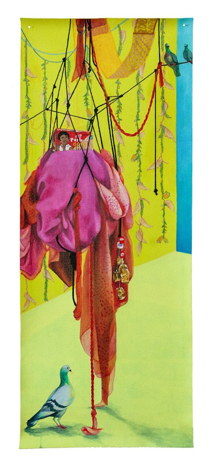 Preetika Rajgariah, <em>“what can you appreciate in this moment?,”</em> 2022. Mother's saris, acrylic and latex paint, yoga mat, 59 x 24 inches. Courtesy the artist and Bill Arning Exhibitions.
