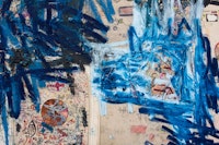 Oscar Murillo, <em>disrupted frequencies (Colombia, Brazil,Turkey, China)</em>, 2013-2019 (detail). Ballpoint pen, fountain pen, graphite, felt tippen, highlighter pen, permanent marker, paint, crayon, staples, natural pigments, debris, oil, oil stick and other mixed media on canvas, 75 x 87 inches. Courtesy the artist and Aspen Art Museum. Photo: Tony Prikryl. 