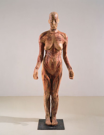 Kiki Smith, <em>Virgin Mary</em>, 1992. Wax, cheesecloth, and wood with steel base, 67 1/2 x 26 x 14 1/2  inches. © Kiki Smith, courtesy Pace Gallery. Photo: Ellen Page Wilson. 
