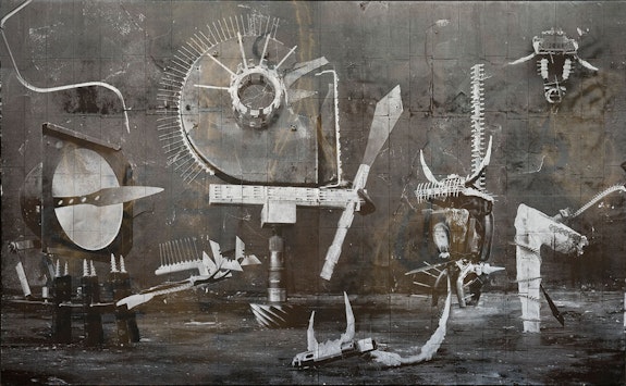 Rodrigo Valenzuela, <em>Weapon #29</em>, 2022. Silkscreen, acrylic on collage cardboard and canvas, 96 x 60 inches. Courtesy of the artist and Asya Geisberg Gallery.