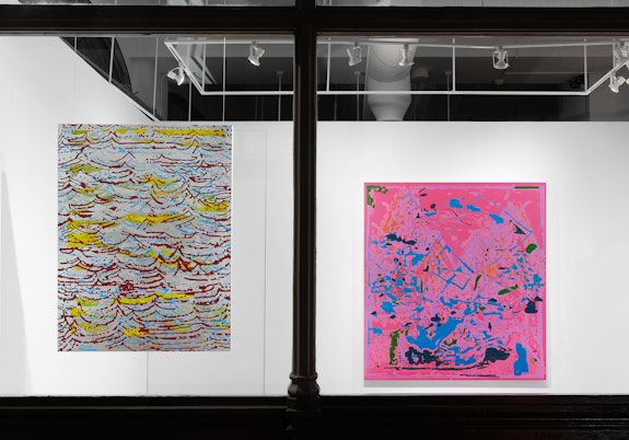 Installation view: EJ Hauser at WINDOW, 2022. Left: <em>Late Spring</em>, right: <em>Big Early Summer</em>. Courtesy Anton Kern, New York.