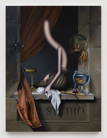 Emily Mae Smith, <em>Beholder,</em> 2022. Oil on linen. 67 x 51 in. Courtesy of the artist and Petzel, New York. Courtesy the artist and Petzel, New York.