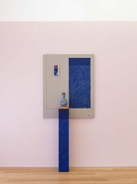 Kamrooz Aram,<em> Bosphorescent Badakhshan</em>, 2022. Panel: lapis lazuli oil paint and color pencil on linen, ceramic tile. Pedestal: lapis lazuli oil paint on MDF, Rosso Verona marble; ceramic object and brass. Panel: 52 x 42 inches. Pedestal: 50 x 8 x 8 inches. Courtesy the artist and Peter Blum Gallery, New York. Photo: Sebastian Bach.