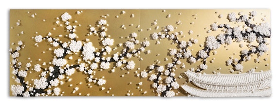 Ran Hwang, <em>Healing Forest</em>, 2021. Buttons, pins, beads on wooden panels, 47 1/5 x 141 2/3 inches . Private collection, New Jersey.  